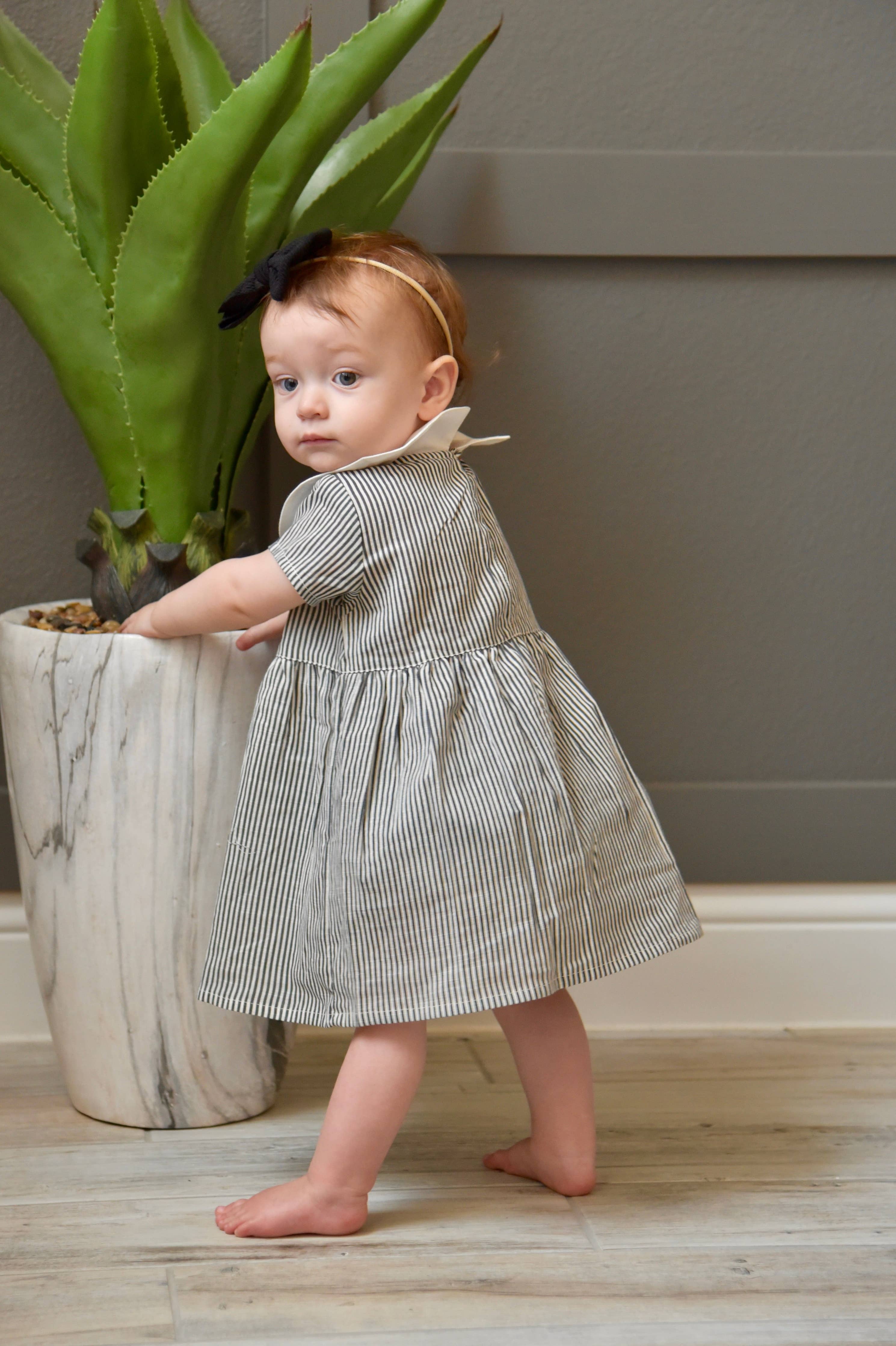 Grey Striped Peter-Pan Collar Dress With Matching Diaper Cover : Infant : Baby