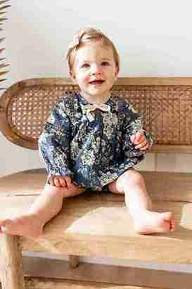 Grey Floral Printed Front Lace Long Sleeve Baby Romper : Infant : Baby