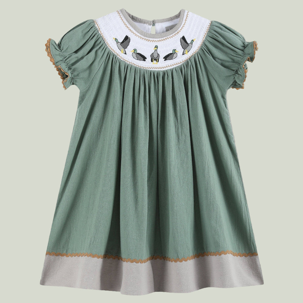 Sage Green Mallard Smocked Bishop Dress