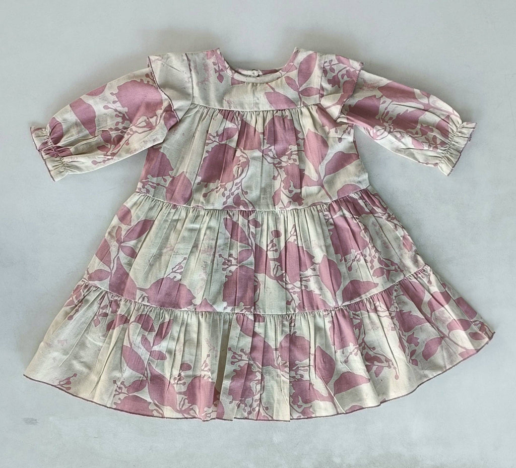 Dark Pink Leaf Printed Tiered Long Sleeve Dress : Infant : Baby : Toddler : Tween : Kids
