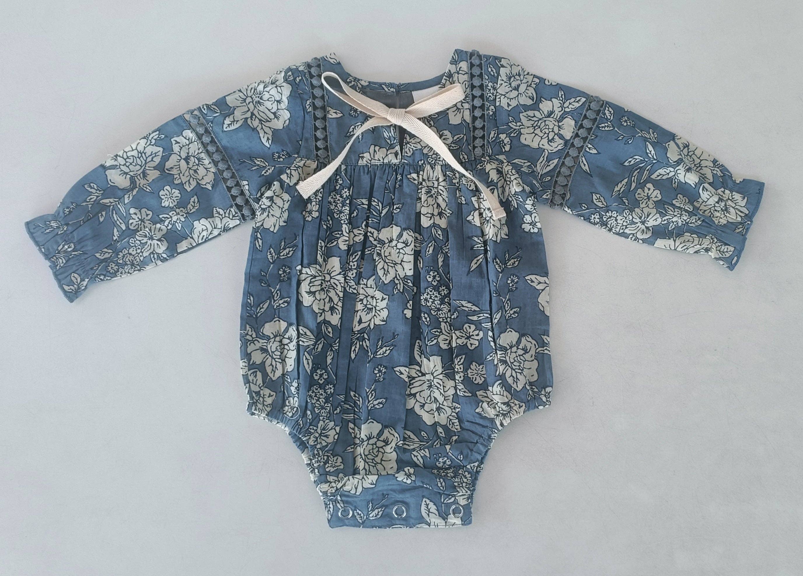 Grey Floral Printed Front Lace Long Sleeve Baby Romper : Infant : Baby