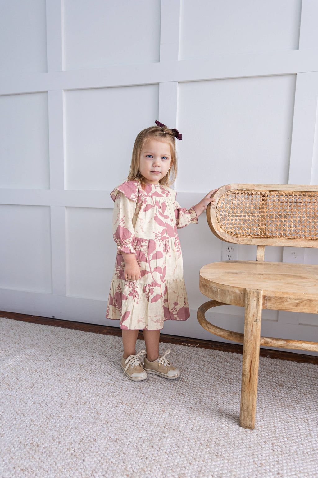 Dark Pink Leaf Printed Tiered Long Sleeve Dress : Infant : Baby : Toddler : Tween : Kids