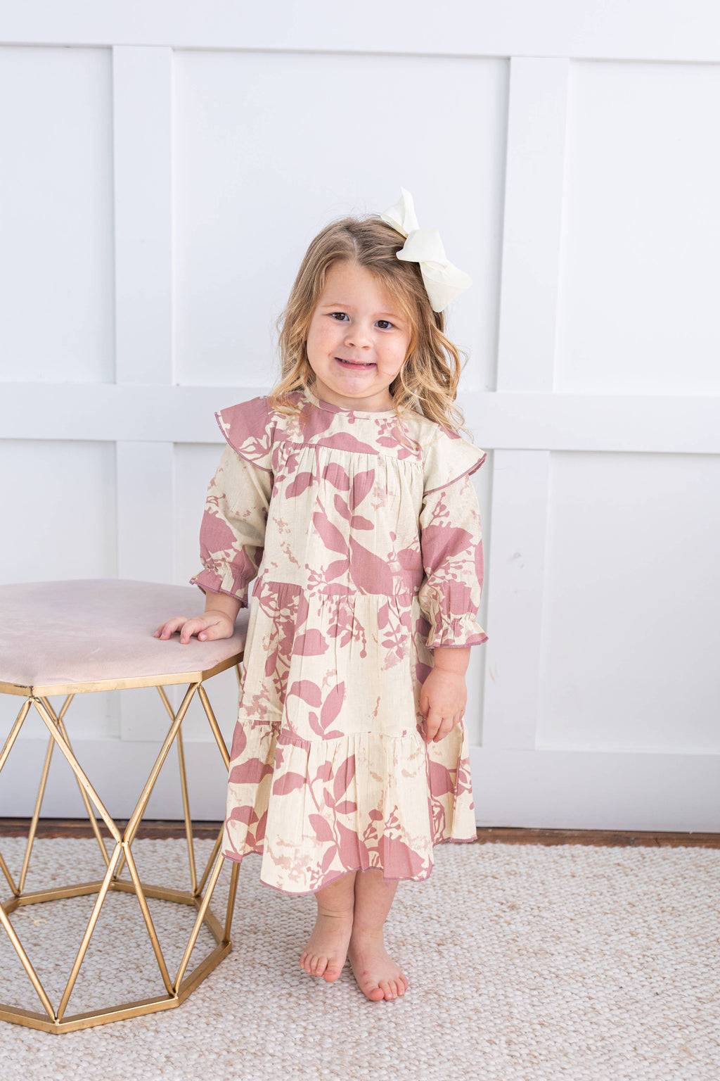 Dark Pink Leaf Printed Tiered Long Sleeve Dress : Infant : Baby : Toddler : Tween : Kids