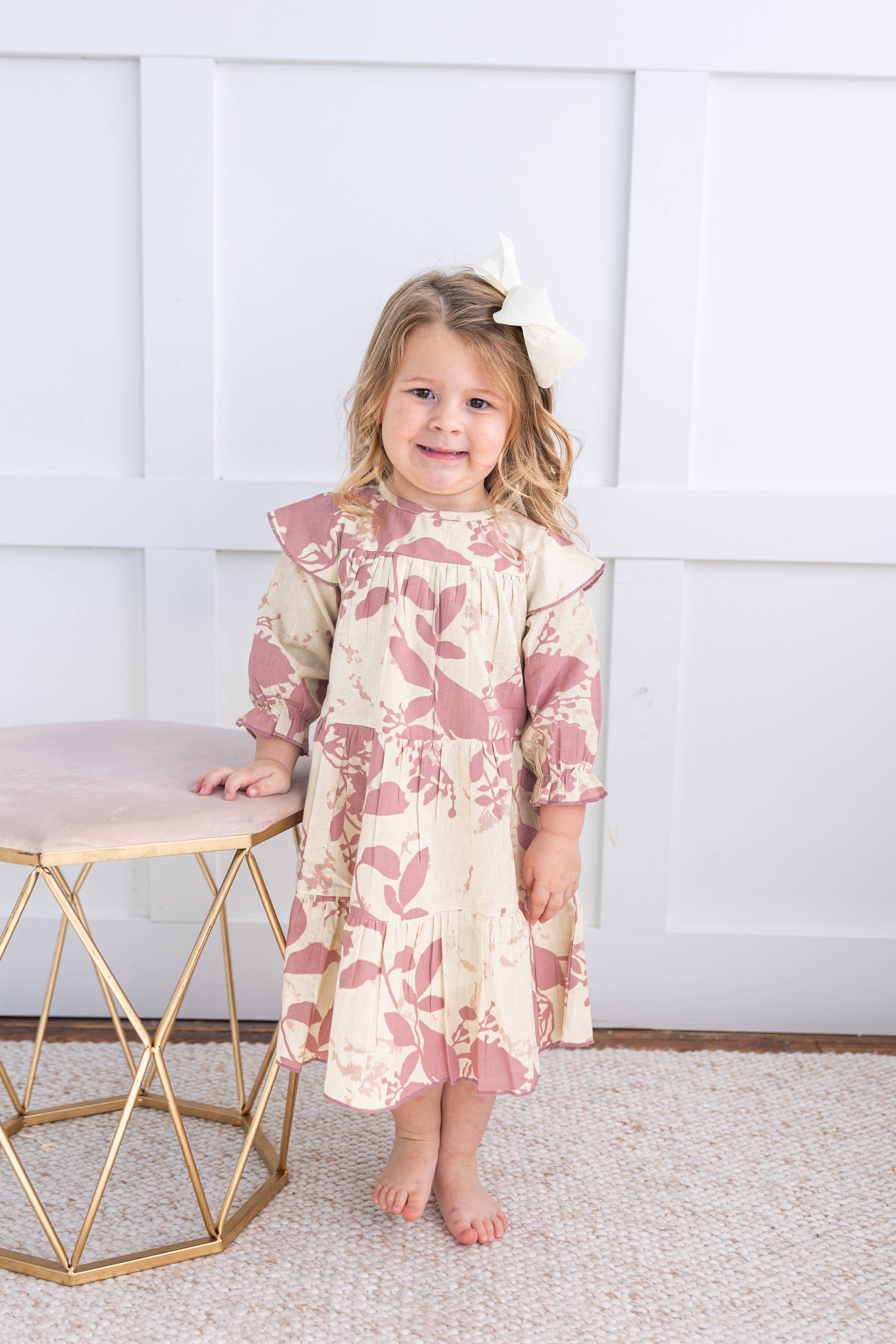 Dark Pink Leaf Printed Tiered Long Sleeve Dress : Infant : Baby : Toddler : Tween : Kids