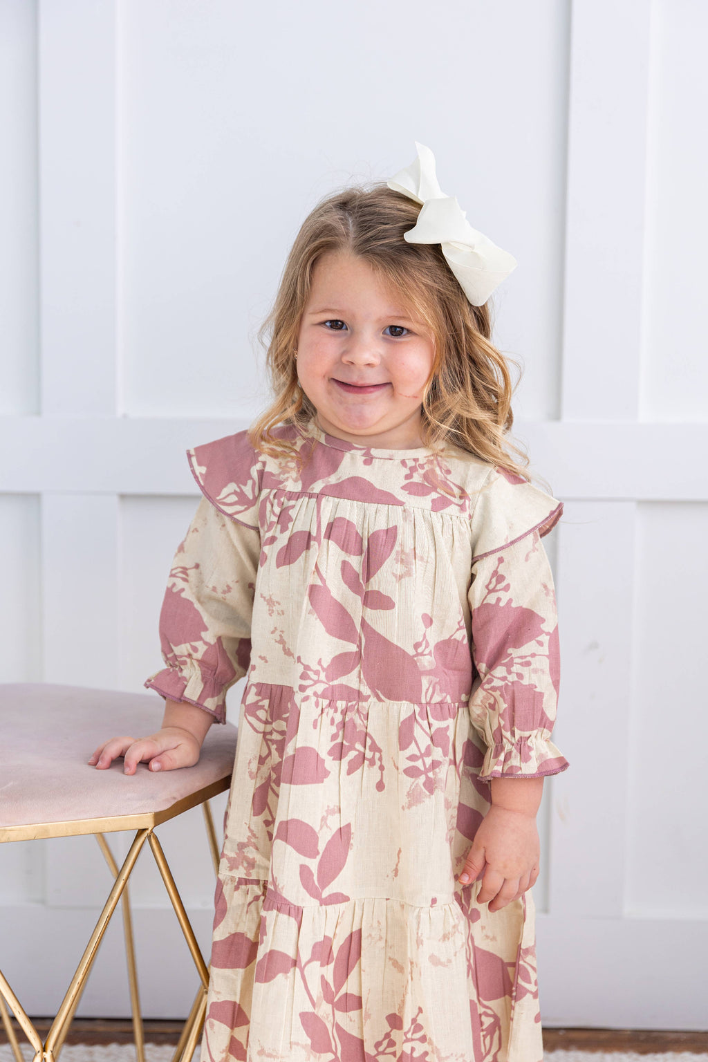 Dark Pink Leaf Printed Tiered Long Sleeve Dress : Infant : Baby : Toddler : Tween : Kids