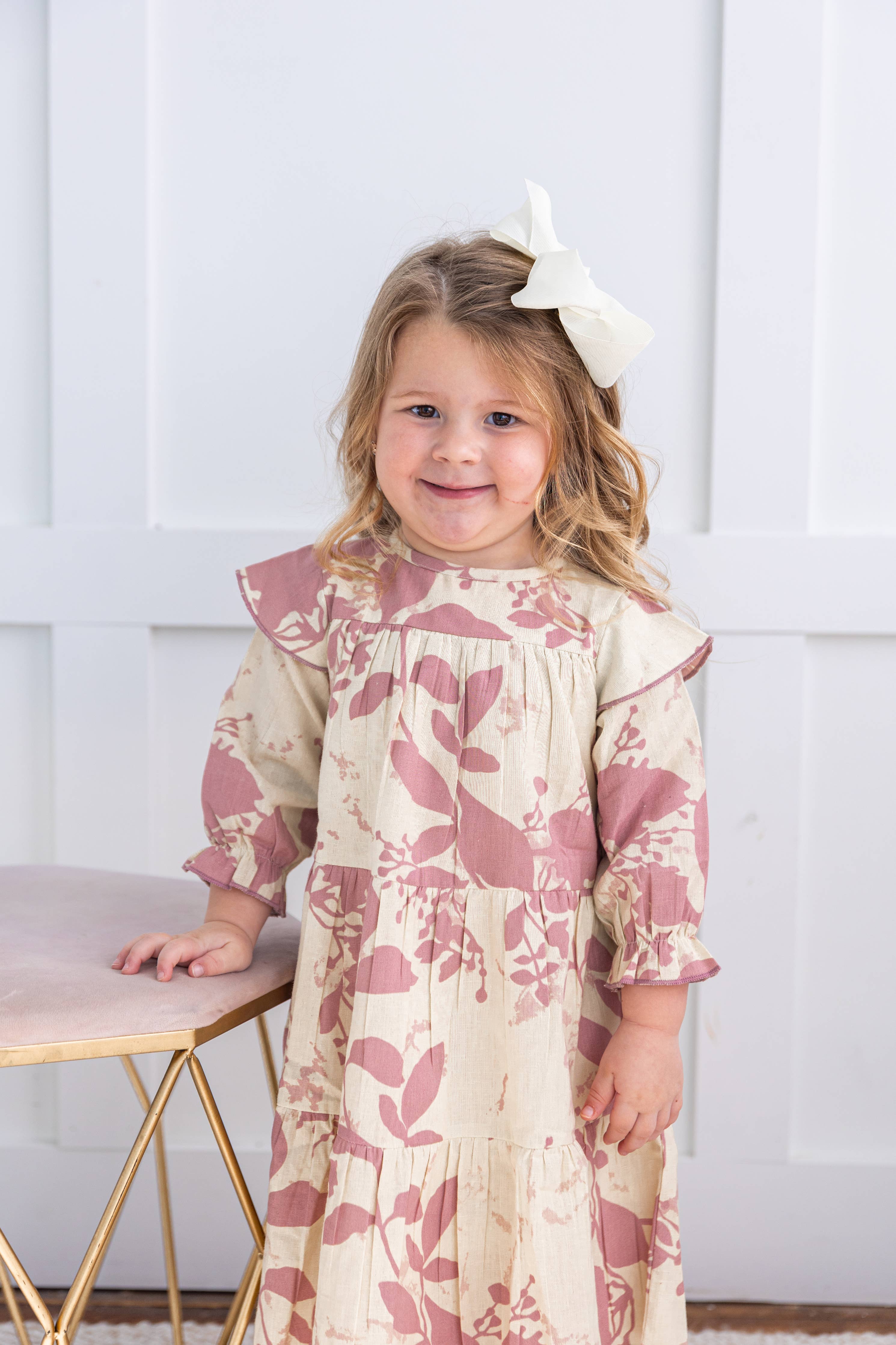 Dark Pink Leaf Printed Tiered Long Sleeve Dress : Infant : Baby : Toddler : Tween : Kids