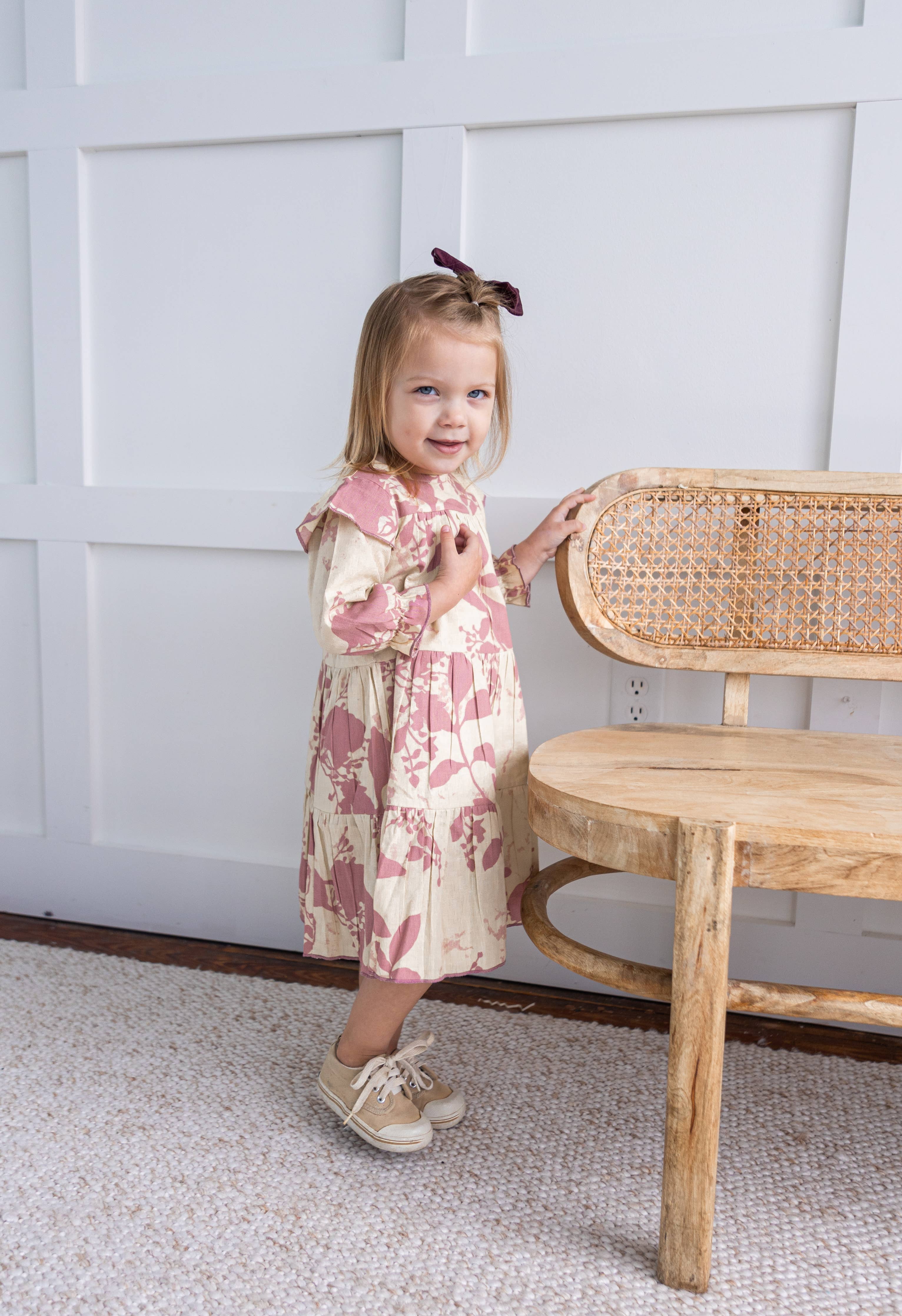 Dark Pink Leaf Printed Tiered Long Sleeve Dress : Infant : Baby : Toddler : Tween : Kids