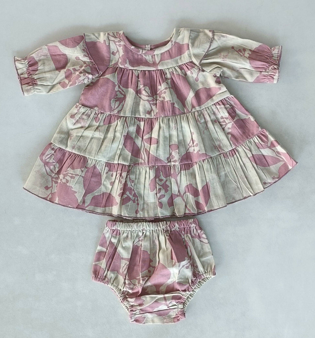 Dark Pink Leaf Printed Tiered Long Sleeve Dress : Infant : Baby : Toddler : Tween : Kids
