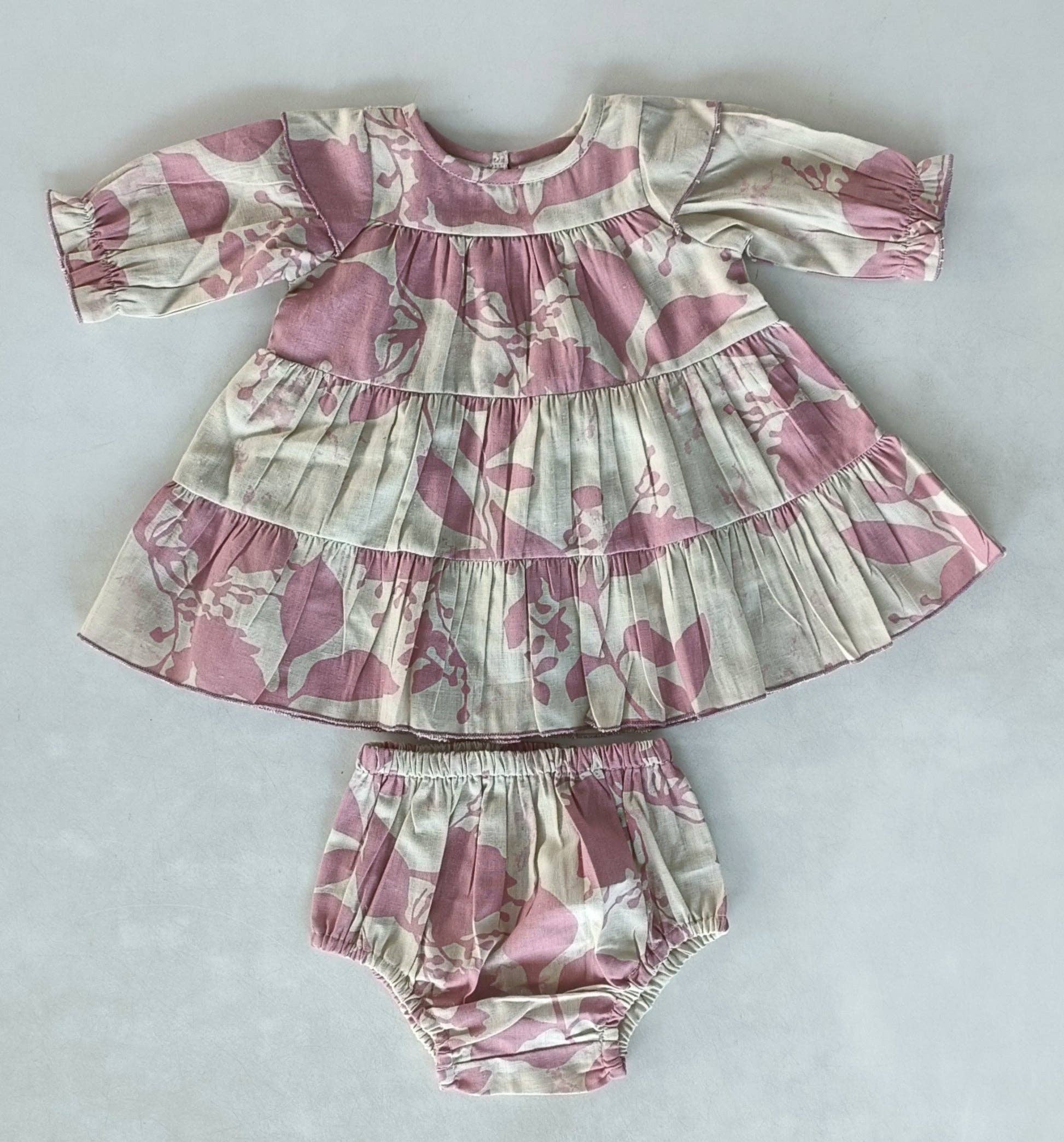 Dark Pink Leaf Printed Tiered Long Sleeve Dress : Infant : Baby : Toddler : Tween : Kids