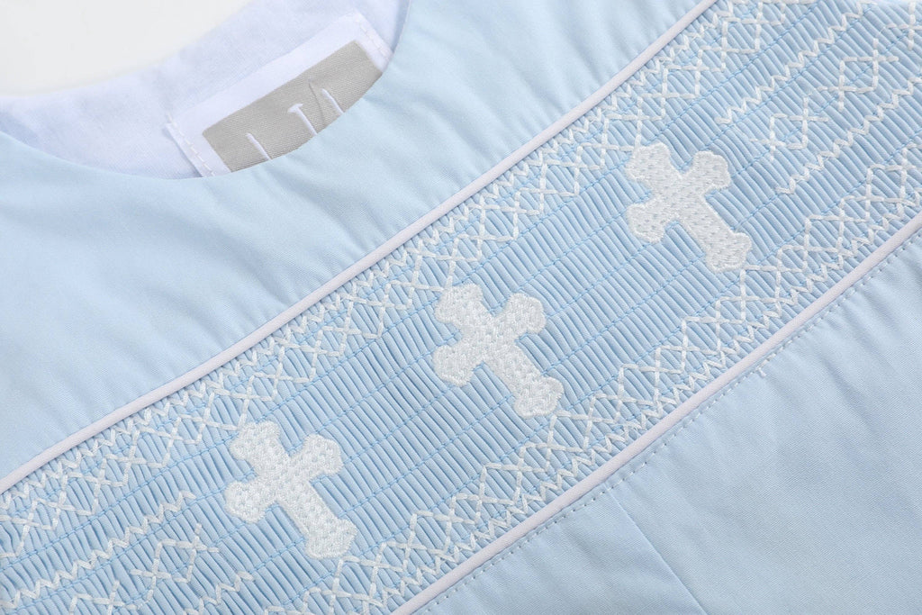 Light Blue Crosses Smocked Overalls